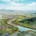 Garden Landscape With Flowing River Stone Bridge Villages Green Fields And Mountain Scenery