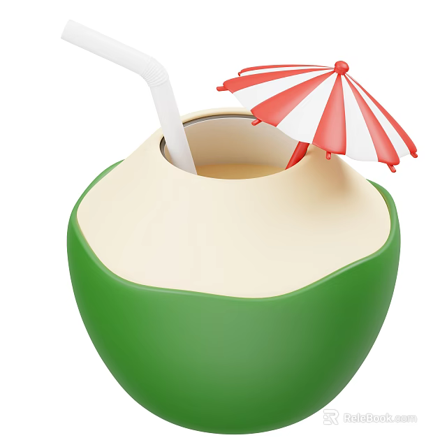 Fresh Green Coconut With White Straw And Red White Striped Umbrella On Top 3d model 