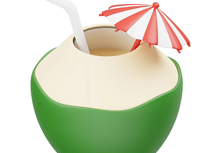 Fresh Green Coconut With White Straw And Red White Striped Umbrella On Top 3d model