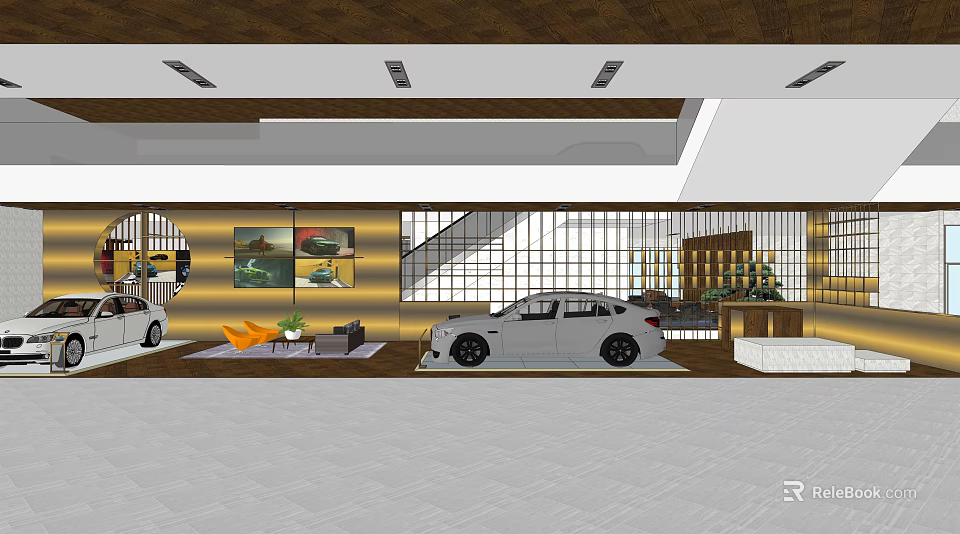 4S Car Dealership Showroom Interior With Vehicle Displays Reception Area And Lighting 3d model 