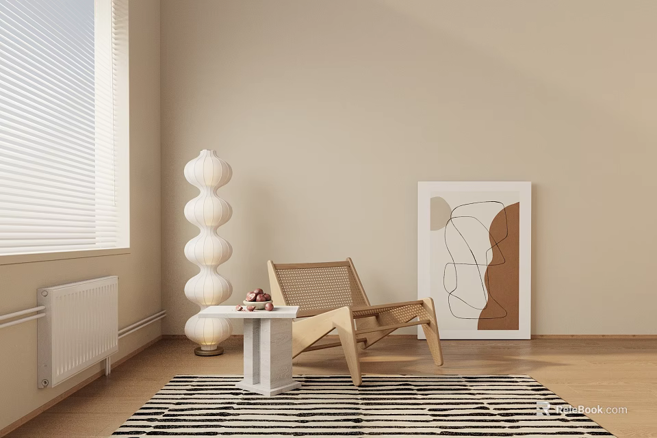 Modern Wooden Leisure Chair With Side Table Floor Lamp And Striped Rug In Beige Interior 3d model 