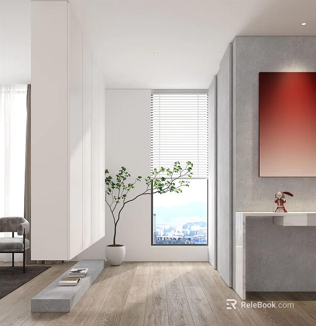Modern Entryway With White Walls Blinds City View Green Plant Gray Chair Red Painting 3d model 