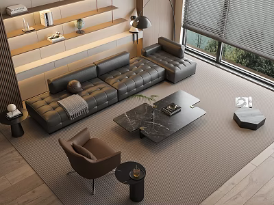 Modern Black Leather Sofa and Marble Coffee Table Combination with Accent Chair and Floor Lamp on Carpet 3d model