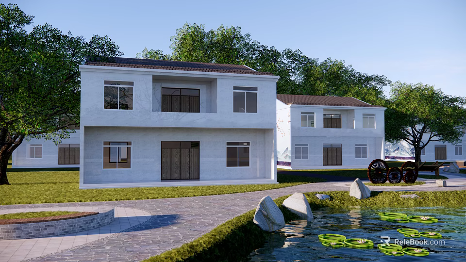 Two Story White House With Green Trees Lawn Pond And Water Lilies Stones 3d model 