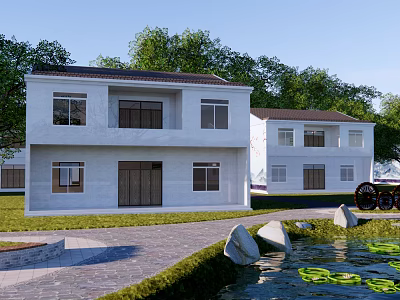 Two Story White House With Green Trees Lawn Pond And Water Lilies Stones 3d model