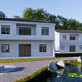 Two Story White House With Green Trees Lawn Pond And Water Lilies Stones