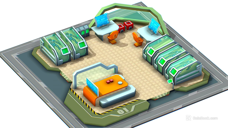 Cartoon Futuristic Control Room Scene with Green Transparent Panels Orange Chairs Red Devices And Console 3d model 