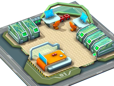 Cartoon Futuristic Control Room Scene with Green Transparent Panels Orange Chairs Red Devices And Console 3d model