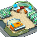 Cartoon Futuristic Control Room Scene with Green Transparent Panels Orange Chairs Red Devices And Console