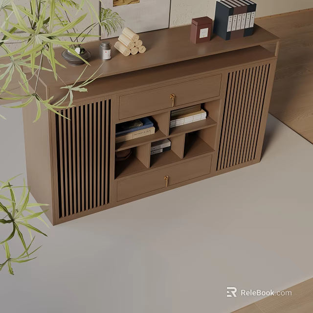 Stylish Brown Entryway Side Cabinet with Drawers Open Shelves Books Storage Green Plant Decor 3d model 