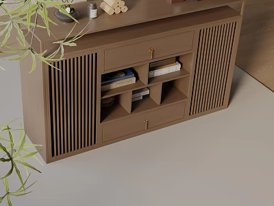 Stylish Brown Entryway Side Cabinet with Drawers Open Shelves Books Storage Green Plant Decor 3d model