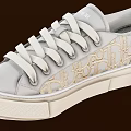 Gray Sneakers With Gold Embroidered Logo White Laces And Beige Sole