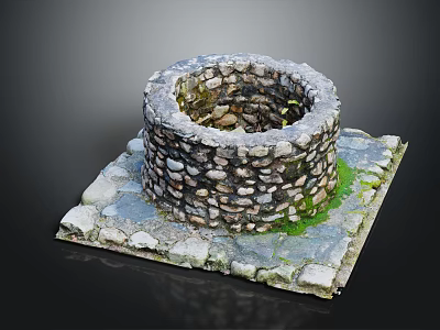 Natural Stone Circular Garden Ornament With Square Slab Base And Green Moss 3d model