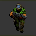 3D Military Character In Green Uniform With Helmet Face Mask And Large Gun Running