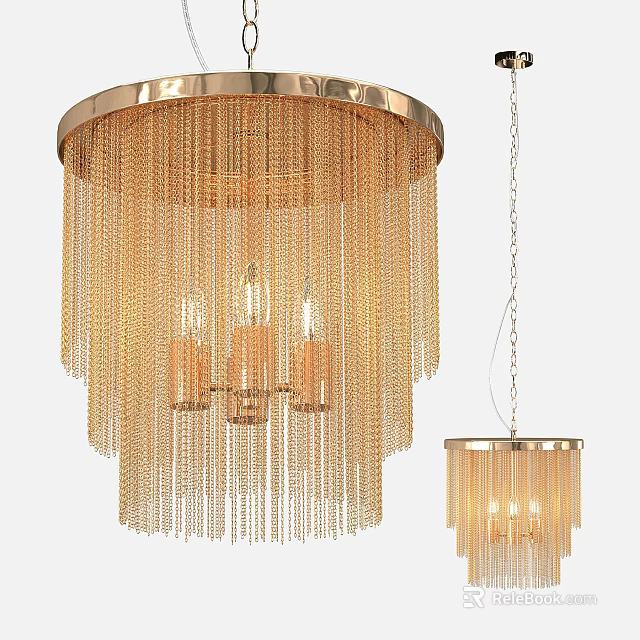 Elegant Gold Fringe Chandelier Featuring Candle Bulbs And Hanging Design 3d model 
