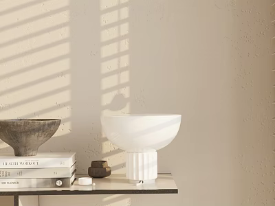 Stylish Decorative Ornament Set With Window Blinds Light Shadow Books White Dark Bowls On Shelf 3d model