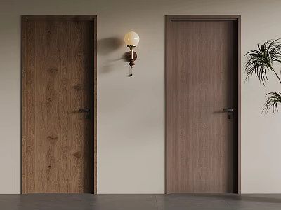 Wooden Hinged Doors In Light And Dark Tones With Wall Lamp And Potted Plant 3d model