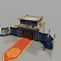 Traditional Oriental Decorative Tent With Ornate Roof Red Carpet And Small Flags
