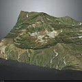3D Mountainous Terrain Model With Central Volcanic Crater Lush Green Vegetation And Snowy White Areas