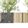 Modern Building Exterior Wall Design With Stone Base And Wooden Slats Surrounded By Green Trees