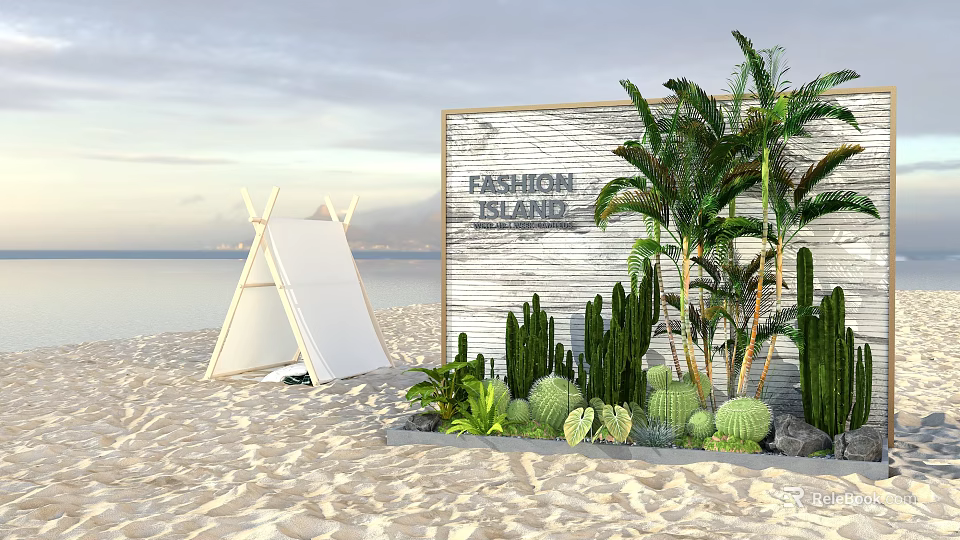 Fashion Lounge Garden Landscape with Cacti Palm Trees and Tent on Sand Beach by Ocean 3d model 