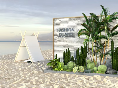 Fashion Lounge Garden Landscape with Cacti Palm Trees and Tent on Sand Beach by Ocean 3d model