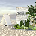 Fashion Lounge Garden Landscape with Cacti Palm Trees and Tent on Sand Beach by Ocean