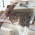 Comfortable Double Bed With Soft Bedding Gray Blanket Pink Tufted Bench And Decorative Painting