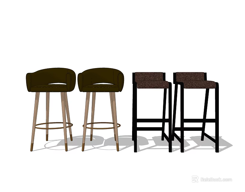 Green and Dark Colored Modern Bar Stools with Upholstered Seats and Wooden Black Legs 3d model 