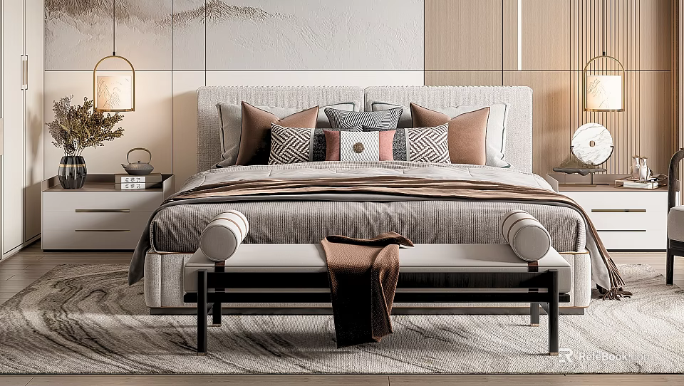 Elegant Modern Double Bed with Beige Headboard Multiple Pillows Bed Bench Table Lamps and Rug 3d model