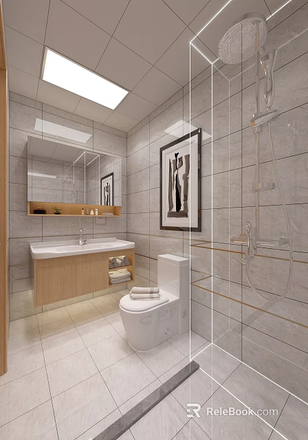 Modern Bright Tiled Bathroom Interior Design With Wooden Vanity Toilet And Clear Glass Shower Enclosure 3d model 