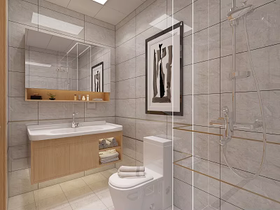 Modern Bright Tiled Bathroom Interior Design With Wooden Vanity Toilet And Clear Glass Shower Enclosure 3d model