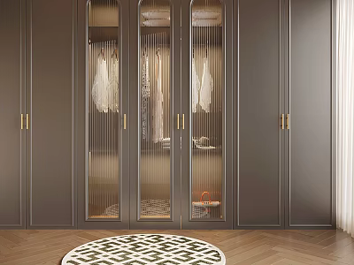 Modern Dark Wardrobe With Glass Doors Gold Handles Vertical Stripes Interior Hanging Clothes Wooden Floor 3d model