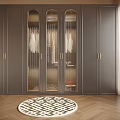 Modern Dark Wardrobe With Glass Doors Gold Handles Vertical Stripes Interior Hanging Clothes Wooden Floor