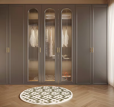Modern Dark Wardrobe With Glass Doors Gold Handles Vertical Stripes Interior Hanging Clothes Wooden Floor 3d model