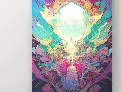 Vibrant Fantasy Illustration With Central Figure Mythical Creatures And Luminous Details 3d model
