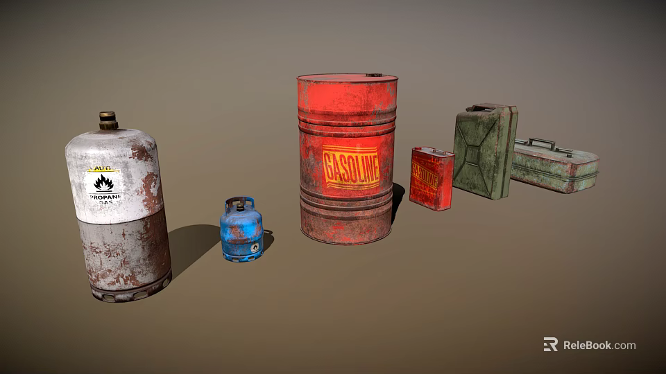 Industrial Equipment Featuring Rusted Gas Cylinder Blue Tank Gasoline Drum And Metal Storage Cases 3d model 