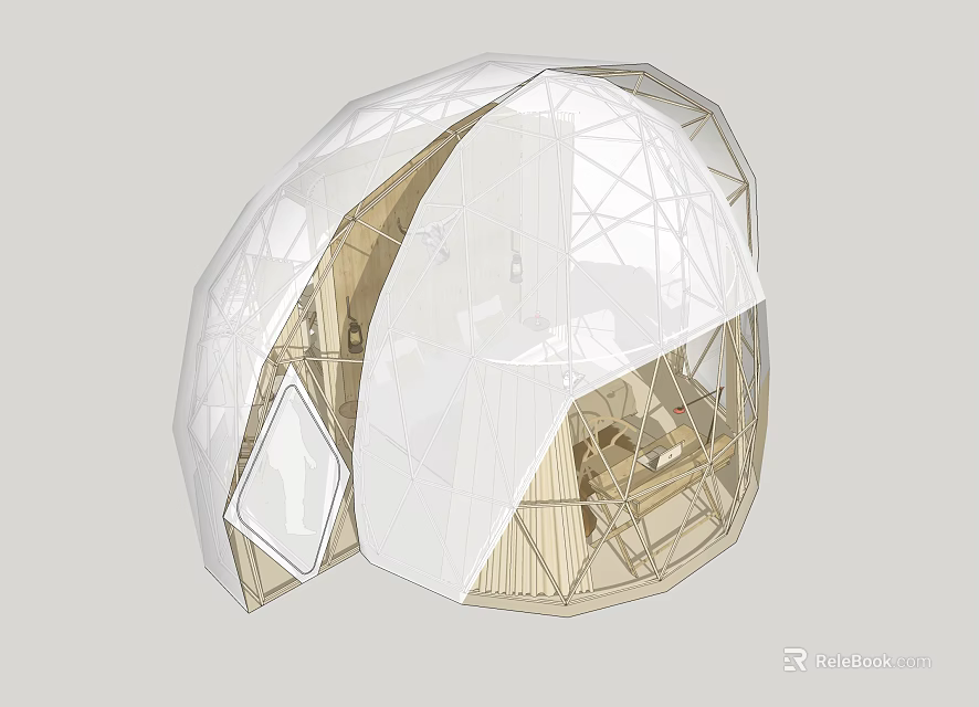 Modern Spherical Hotel Building With Transparent Exterior And Wooden Frame Structure 3d model 