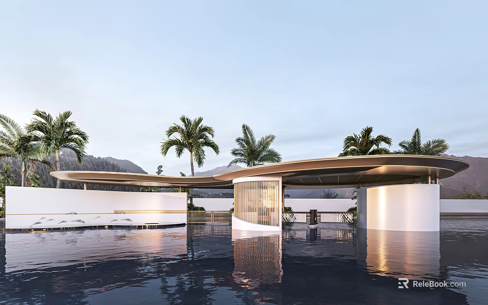 Modern Glass Entrance Gate Design With Curved Roof Palm Trees And Pool Reflection 3d model 