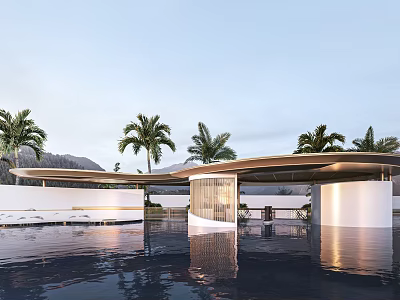 Modern Glass Entrance Gate Design With Curved Roof Palm Trees And Pool Reflection 3d model