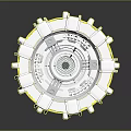 White Circular Mechanical Component With Golden Lines Transparent Center And Layered Structure