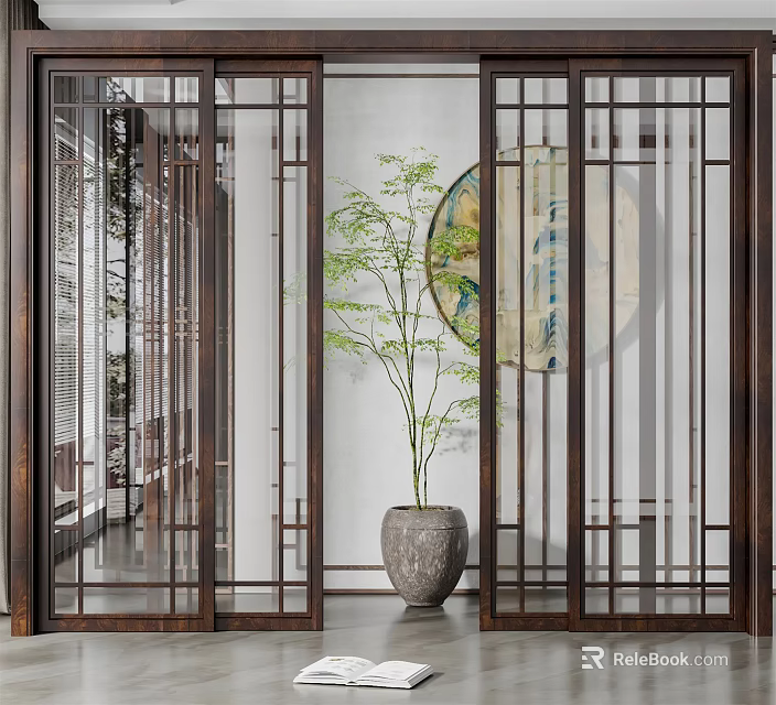 Elegant Chinese Style Sliding Doors with Wooden Frame Vertical Stripe Design in Interior 3d model 
