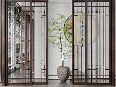 Elegant Chinese Style Sliding Doors with Wooden Frame Vertical Stripe Design in Interior 3d model