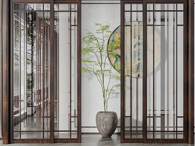 New Chinese style sliding door solid wood glass sliding door model