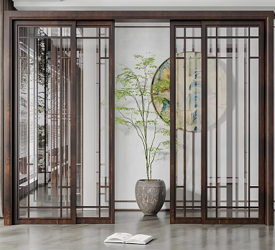Elegant Chinese Style Sliding Doors with Wooden Frame Vertical Stripe Design in Interior 3d model