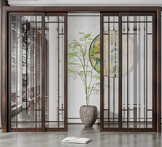 New Chinese style sliding door solid wood glass sliding door 3d model