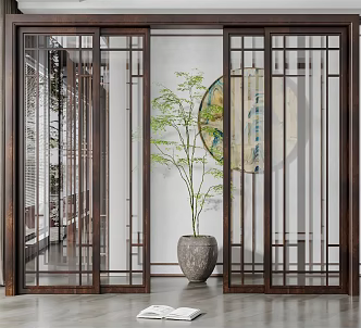 New Chinese style sliding door solid wood glass sliding door 3d model