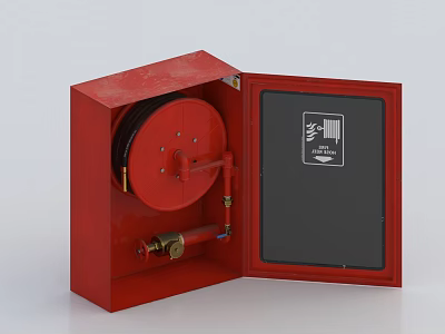 Red Open Fire Hose Cabinet With Reel Transparent Panel And Internal Parts 3d model