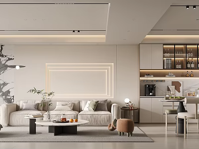 Modern Living Dining Room With Open Design Sofa Coffee Table Plants And Linear Lighting 3d model