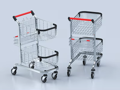 Two Metal Shopping Carts With Red Handles Multi Tier Design And Wheels 3d model